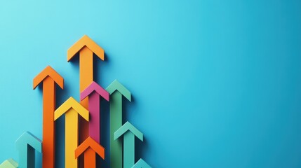 Colorful arrows pointing upwards against a blue background, symbolizing growth, success, and progress.