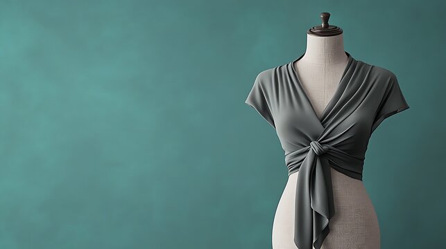 A gray crop top with short sleeves tied at the waist on a mannequin in front of a teal background.