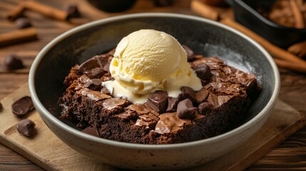 Brownie with a soft center and crunchy edges, served with vanilla ice cream in a bowl generative ai