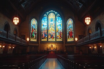 Obraz premium A quiet church interior featuring a stunning stained glass window and dimly lit rows of pews