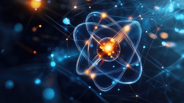 A glowing atomic structure with a central nucleus surrounded by orbiting electrons. The atom is shown against a dark background with a network of lines and dots.