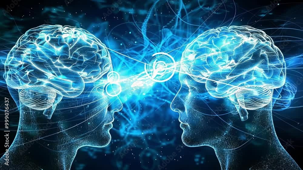 Poster two transparent heads facing each other, brains exposed, exchanging energy in a mesmerizing display.