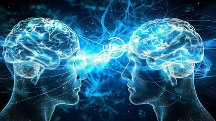 Two transparent heads facing each other, brains exposed, exchanging energy in a mesmerizing display. Neural connections hint at deep ideas. Futuristic technology sparks curiosity