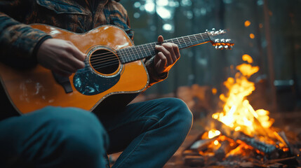 Man playing an acoustic guitar by a campfire in the woods, enjoying the warmth of the fire and peaceful outdoor atmosphere, perfect for camping, music, and nature lovers during chilly autumn nights.