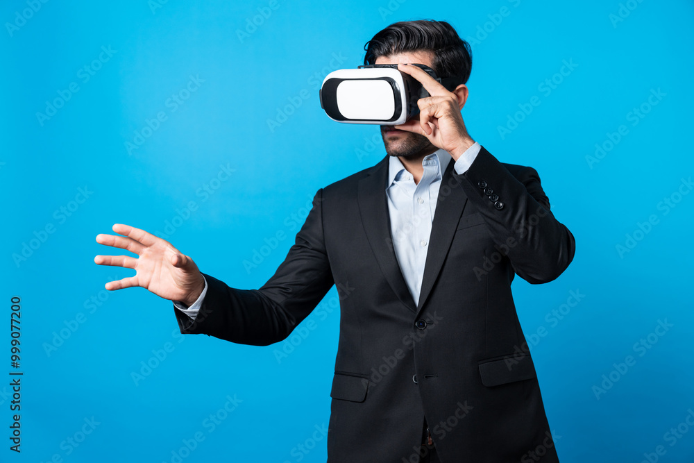 Aufkleber smart business man with suit holding something while vr goggle to connect metaverse. professional pr