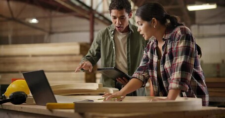 Carpentry, tablet and business people with laptop in factory for building plan, research or consulting. Industry, manufacturing and carpenter team online with digital, search or wood production idea