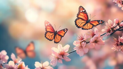 Obraz premium Macro Shot of Serene Spring Landscape with Pink Sakura Blossoms and Fluttering Butterflies Capturing Delicate Beauty of Nature in Full Bloom