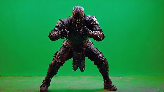 Menacing dark knight in full armor is assuming an attack position on a green screen background, perfect for fantasy or action projects