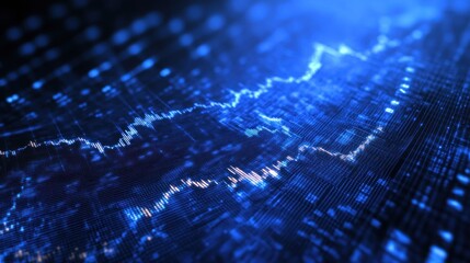 Obraz premium Abstract digital background with glowing blue lines and dots forming a wavy line chart.