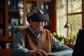 Elderly man enjoying virtual reality experience in a cozy home office filled with natural light during the day