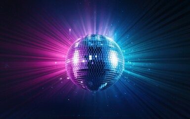 A shiny disco ball illuminated by vibrant pink and blue lights, creating a dynamic and festive atmosphere.