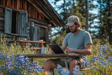 A Caucasian man sits at a table in a wildflower meadow, focused on his laptop while enjoying a peaceful morning near a rustic cabin