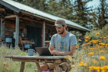 Caucasian man sitting at a wooden table in a flower-filled garden, working on a laptop under a sunny sky near a rustic cabin
