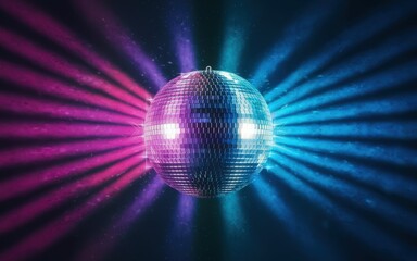 Glittering disco ball under vibrant pink and blue lights creating a dynamic party atmosphere.