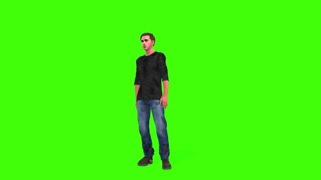 4k animation of a young man idle with a front camera view on the green screen, The 3D character of a young boy in pant shirts stand free renders on chroma key