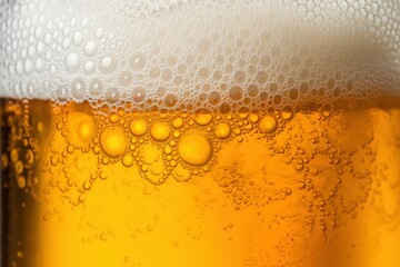 Close-up of a frothy golden beer with bubbles rising to the surface.