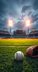 Games Over - A glove and baseball lie on an empty field still lite by the stadium lights after game completion