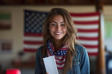 Young woman casually dressed with a cheerful smile, holding a blank card in front of a backdrop of American flags in a cozy indoor setting