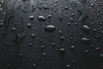 Close-up of water droplets on a smooth, dark surface, showcasing texture and contrast.