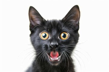 Close up of a black cat with wide eyes and open mouth expressing surprise or curiosity. A white background highlights the cats bright black fur and expressive face