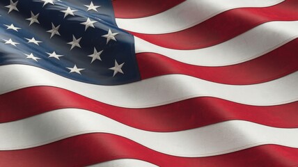 Obraz premium The American flag billowing in the wind, showcasing its red, white, and blue colors.