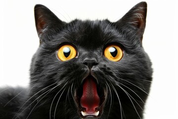 Close up of a black cat with wide eyes and open mouth expressing surprise or curiosity. A white background highlights the cats bright black fur and expressive face