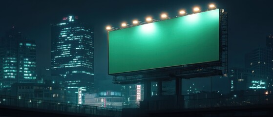 A large green screen billboard illuminated at night in a cityscape.