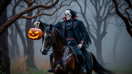 Fototapeta premium Eerie Horseman with Pumpkin in Spooky Forest