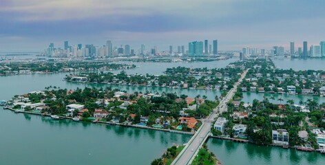 Mansions on the Venetian Islands in the Biscayne Bay Miami, Florida, United States.