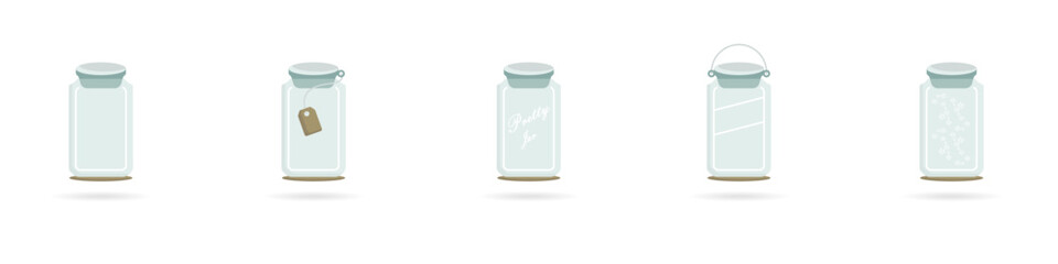 Set of empty jars vector. Glass containers simple icons. Clean glass jar vector. Bottles for storage. Glasses for jam. Bank template vector. Magic jar vector.