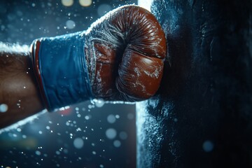 A close-up shot of a boxer delivering a forceful punch, the impact emphasized by the leather boxing gloves and the splashes of sweat and water droplets	