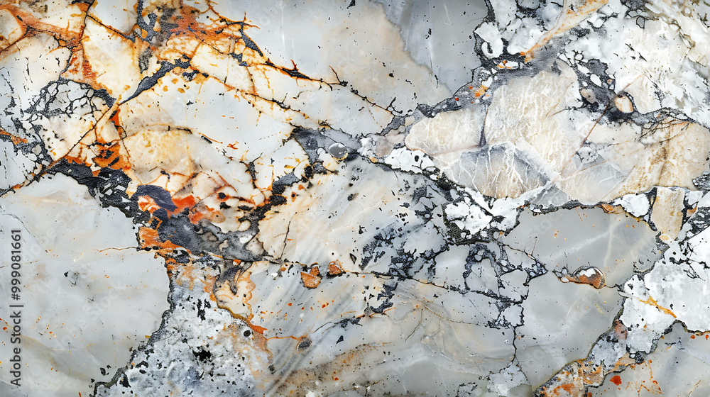 Wall mural close-up of a light gray marble with dark gray and orange veins.