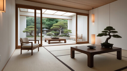 Fototapeta premium Minimalist Japanese Interior with Garden View