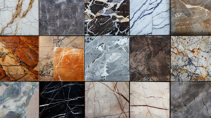 A collection of 16 marble tiles, each with a unique pattern and color.