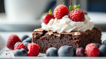 Close-up of a perfectly cut brownie, topped with whipped cream and berries generative ai