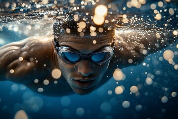 Fototapeta premium Dynamic close-up shot of a focused swimmer gliding underwater, wearing reflective swim goggles.