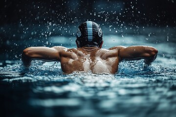  A rear view of a male swimmer wearing a black swim cap, captured mid-stroke during an intense swim in a professional indoor pool.