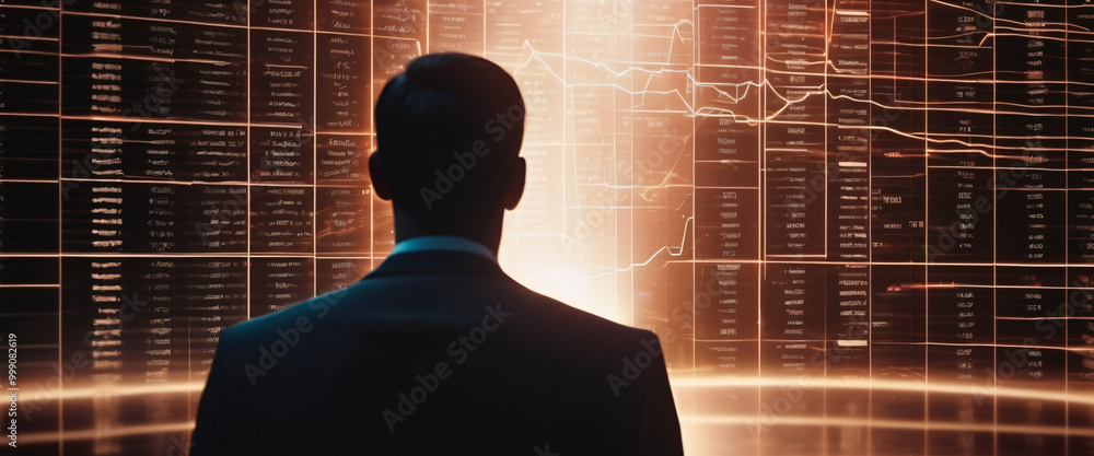 Poster a silhouette of a person standing in front of a giant digital screen with a flow of data showing var