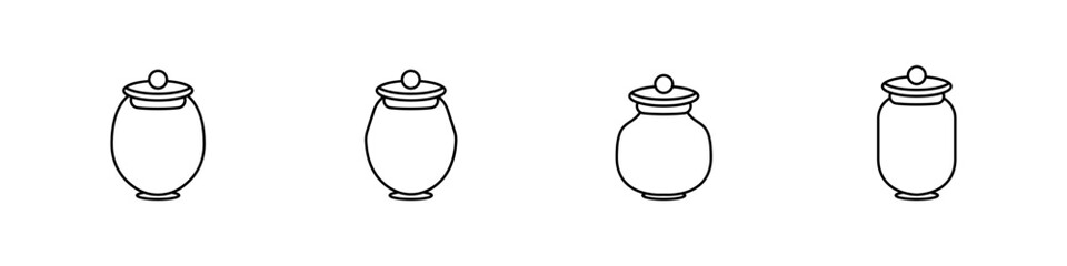 Set of jars vector icons. Set of magic jars with tags. Urns outline vector. Simple jars set. A jar with a lid and a sticker on a thread. Vector illustration.