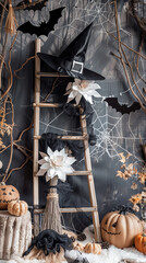 halloween witch with broom. halloween pumpkin and bats background . AI Generated