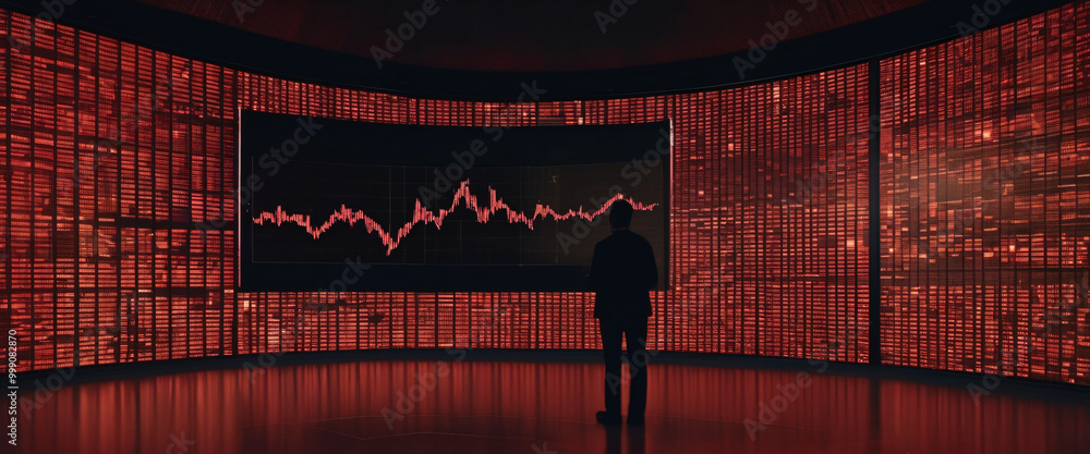 Poster a silhouette of a person standing in front of a giant digital screen with a flow of data showing var