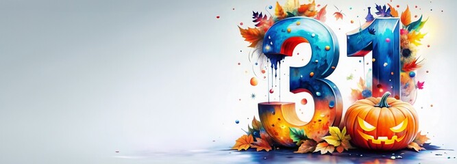Colorful Halloween-themed illustration featuring the number 31 surrounded by pumpkins, autumn leaves, and festive decorations, perfect for holiday promotions