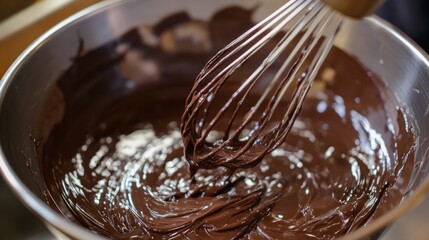 Close-up of chocolate ganache being whisked by hand, dessert workshop ambiance generative ai