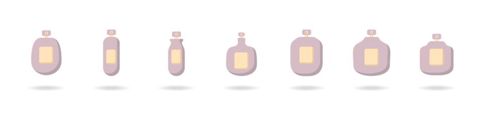 Vector set of perfume bottles. Concept icons of perfume jars. Colored bottles with an aroma sprayer. Stylish bottles for your beauty and care advertising. Template of empty bottles for liquids.