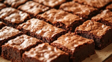 Close-up of freshly baked brownies with a crispy top layer, gooey center generative ai