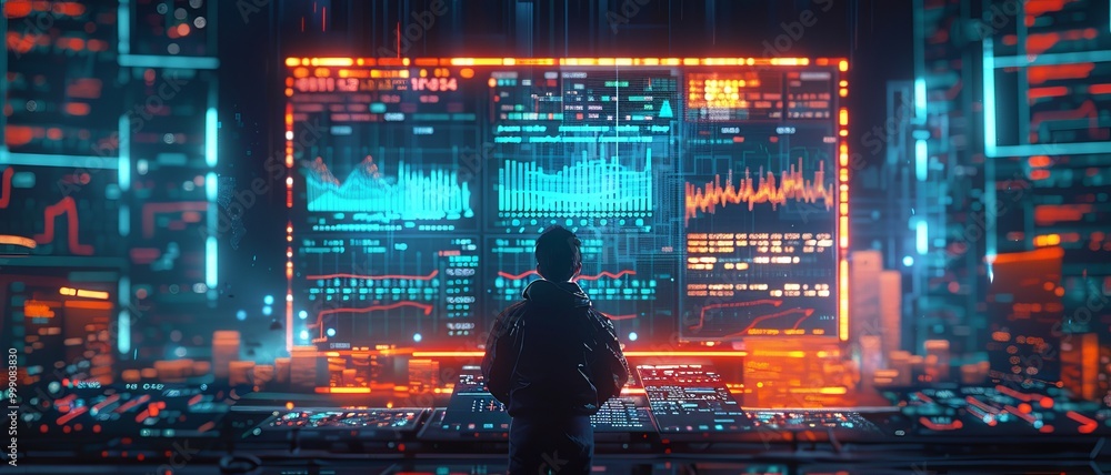 Poster a futuristic scene depicting a figure immersed in colorful data visualizations and digital displays,