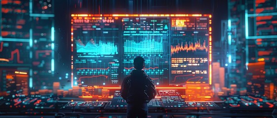 A futuristic scene depicting a figure immersed in colorful data visualizations and digital displays, surrounded by a high-tech environment.