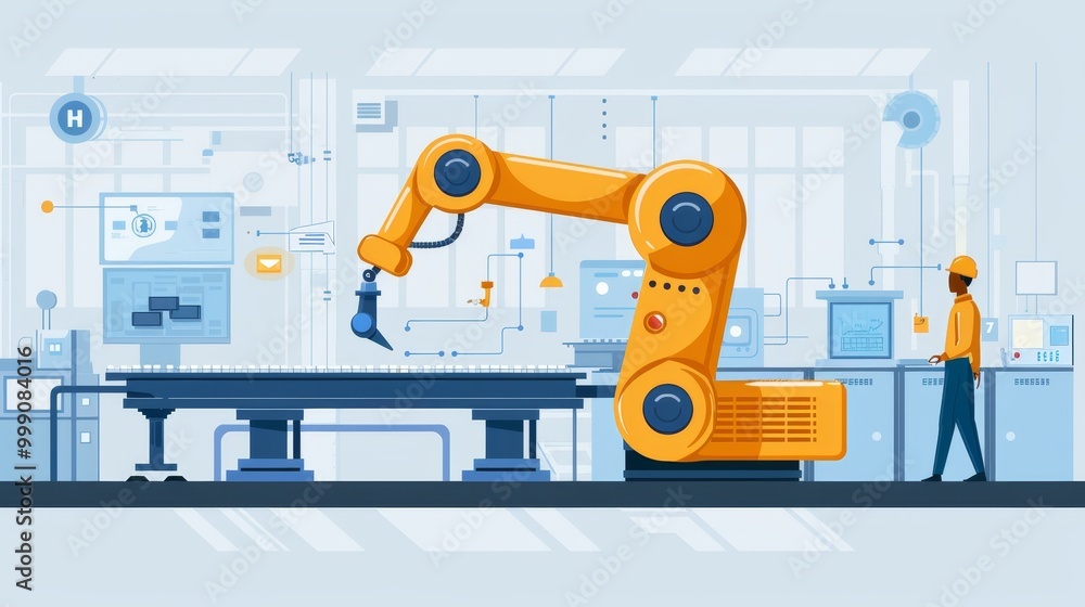 Poster a robotic arm operates in a modern factory setting, showcasing automation and advanced manufacturing