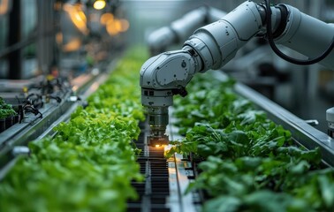 Robotic arms tending to lettuce and vegetables in a high-tech indoor farm with a greenhouse structure
