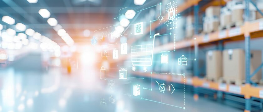 A modern warehouse interior featuring digital overlays, highlighting technology and logistics in a dynamic, illuminated environment.